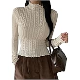 GORGLITTER Women's Cable Knit Mock Neck Tops Lettuce Trim Long Sleeve Slim Fit T Shirts Fall Business Casual Clothes