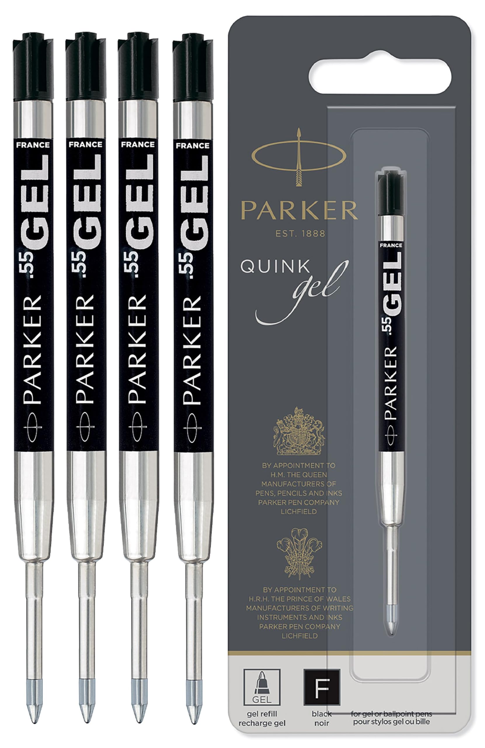 Parker Quink Gel Ballpoint Pen Refills - 0.5mm Fine Tip - Black Gel Ink - Pack of 4