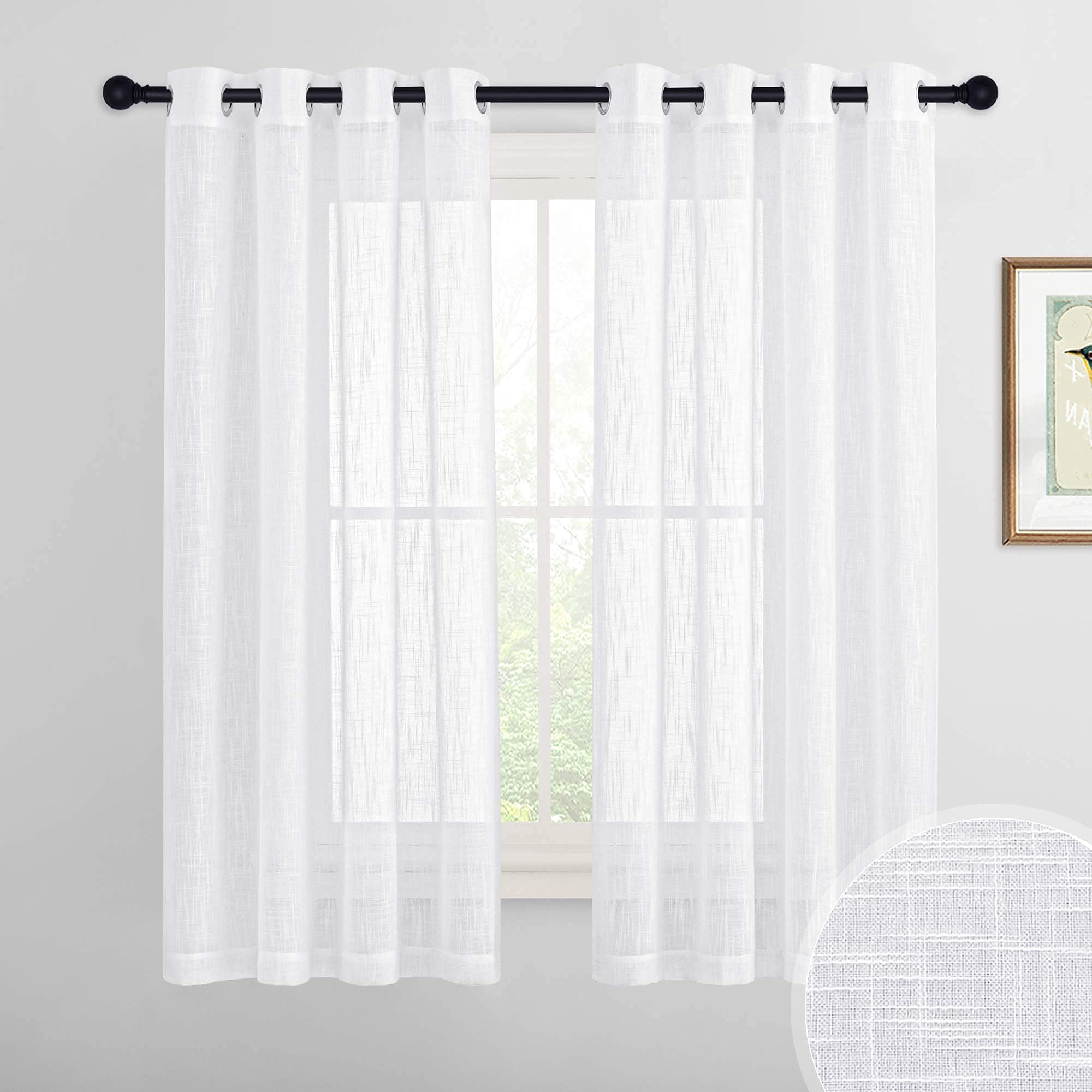 Photo 1 of RYB HOME Sheer Curtains 63 inch Length 2 Panels - Linen Textured Fabric Semi Transparent Light Filtering Curtains for Living Room Bedroom Office Bathroom, Width 52 x Length 63 inches, 2 Panels