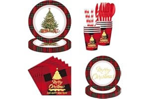 210Pcs Christmas Party Tableware Set Plaid Design with Gold Accents for 30 Guests 9" Christmas Tree Plates 7" Merry Christmas