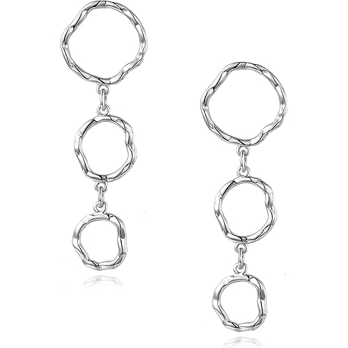 Sterling Silver Long Chain Earrings with 3 Round Circles for Women
