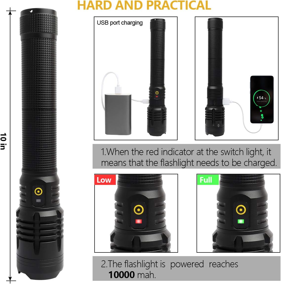 LED Tactical Flashlight, Tactical Torch Rechargeable 60000 Lumens, Adjustable Focus Handheld Waterproof Rechargeable Torch, Super Bright Portable Outdoor Torch Light: Sports & Outdoors