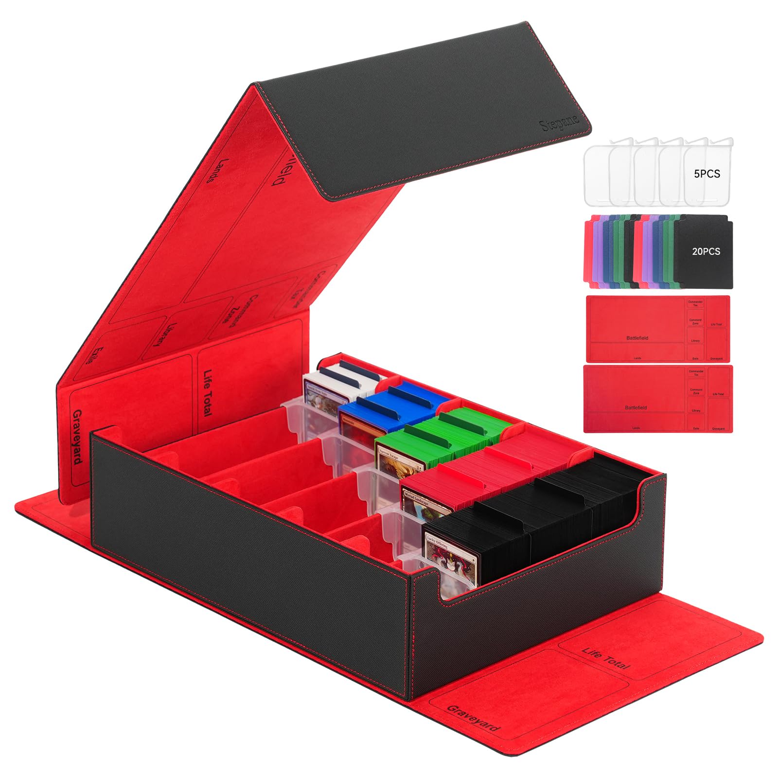 Photo 1 of 5 Row Trading Card Storage Box, 3800+Bulk Card Organizer Box with 20 Dividers & 5 Supporters, Graded Card Deck Box for YuGiOh, MTG, TCG with Double Lid Black/Red