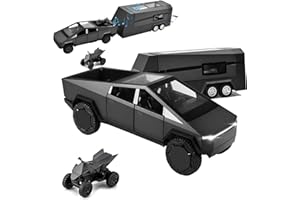 Miortior Truck Toy, Car Toy with RV, Motorcycle Cybertquad and Truck, 1/32 Alloy Diecast Pickup Trailer Model Kit with Light and Sound, for Kids Aged 6 and Up - Black