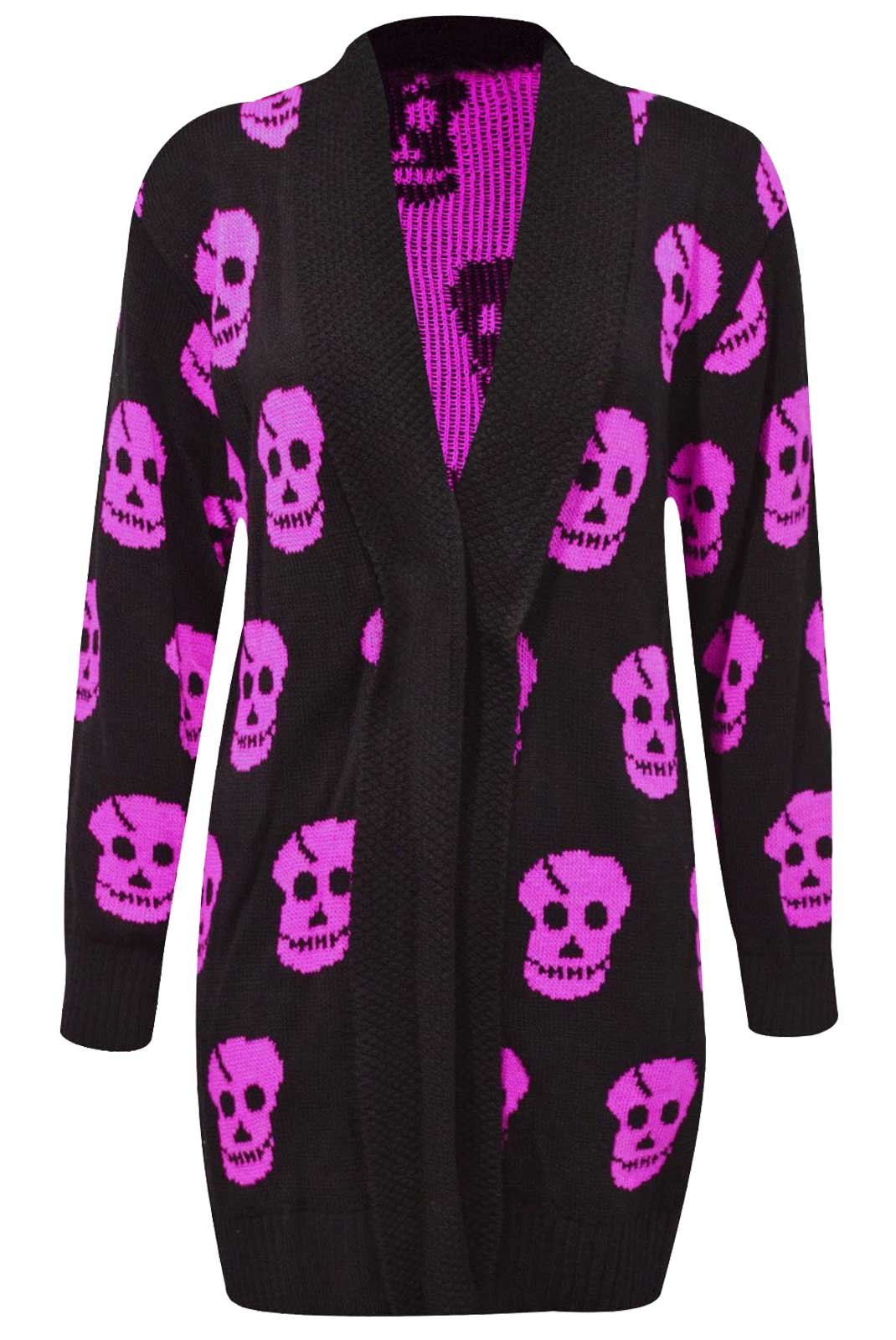 Thever Women Ladies Halloween Skull Skeleton Print Open Front Knitted Cardigan
