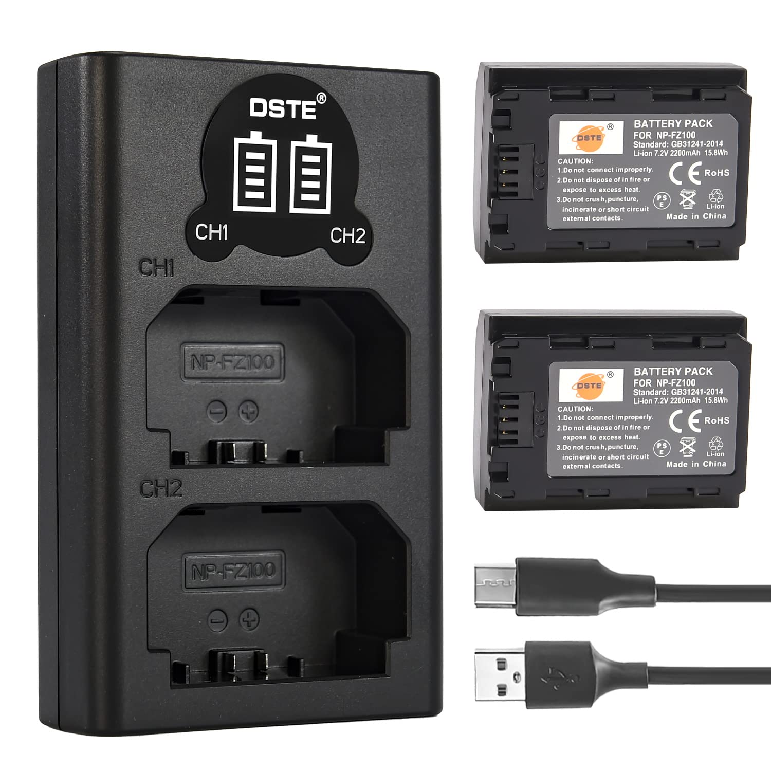 DSTE NP-FZ100 FZ100 Rechargerable Battery (2-Pack) and Smart LED Dual USB Charger Compatible with Sony Alpha 9 A9 A9S Alpha 9R A9R A7II A7RIII ILCE-7RM3