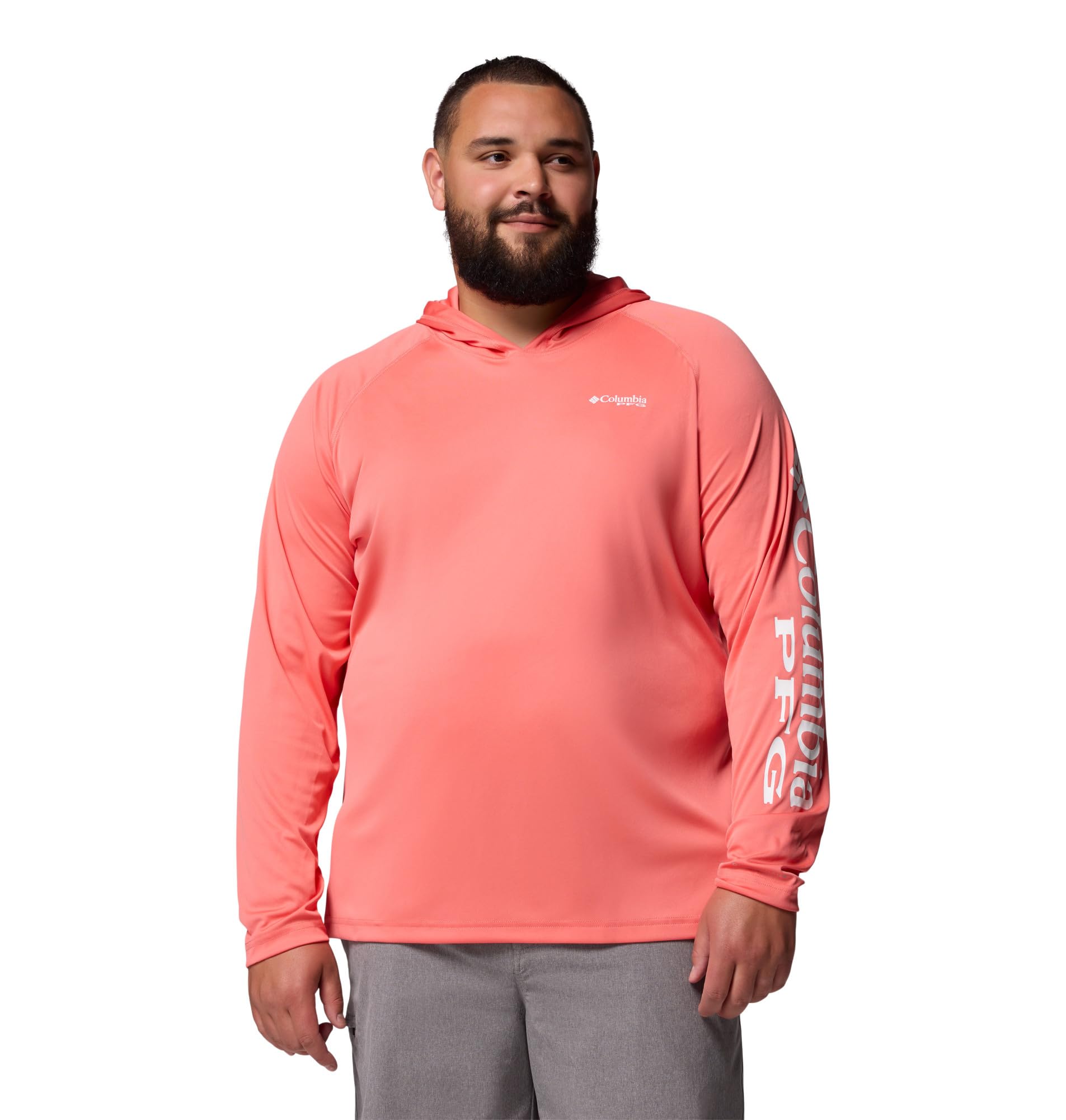 Columbia Mens PFG Terminal Tackle Long Sleeve Fishing Hoodie, Melonade/White Logo, 2X Tall Image