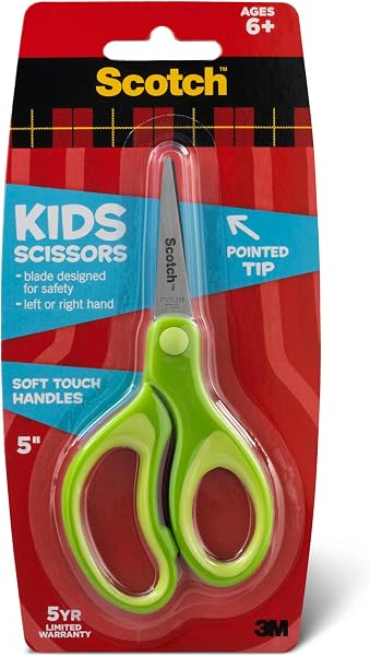 Scotch Kids Pointed Tip Scissors with Soft Touch, 5 Inches | Colors may vary, 1442P