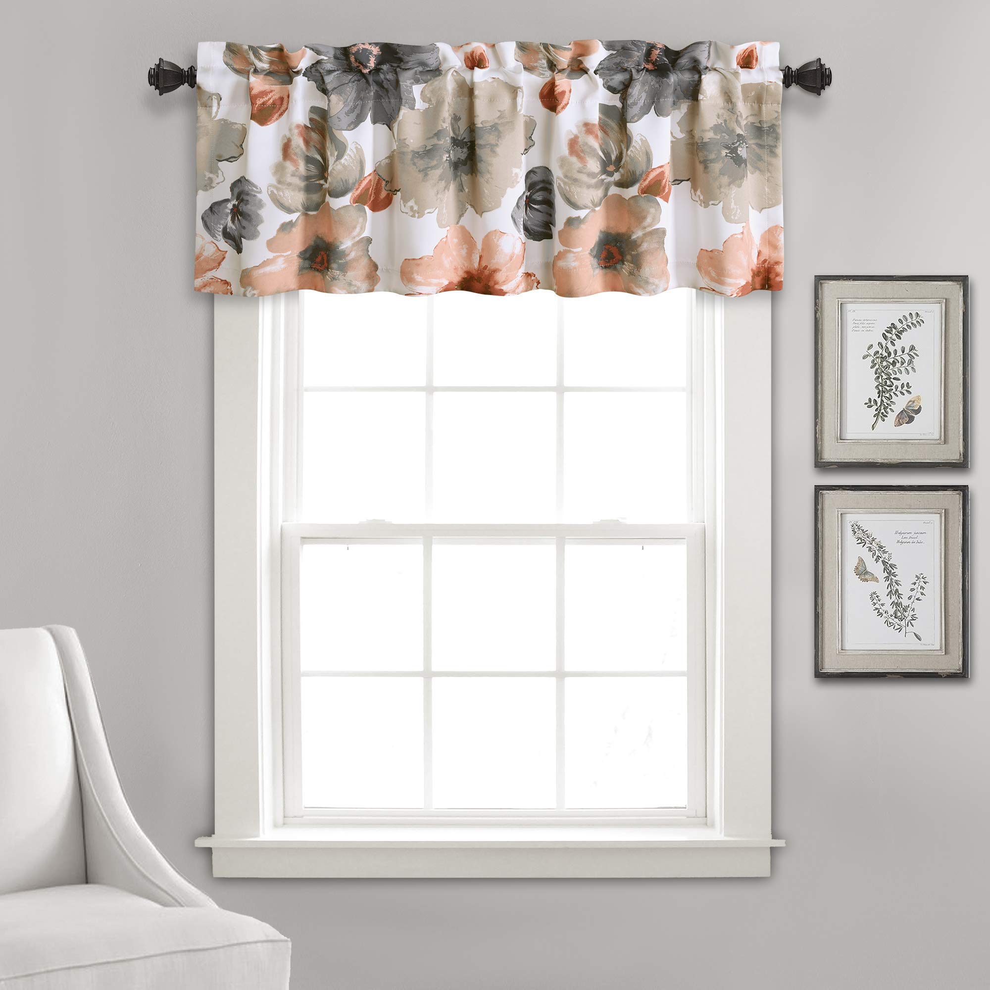 Lush Decor Leah Light Filtering Window Curtain Valance Floral Insulated Grommet, Valance, 52" W x 18" L + 2" Header, Coral and Gray — image 1