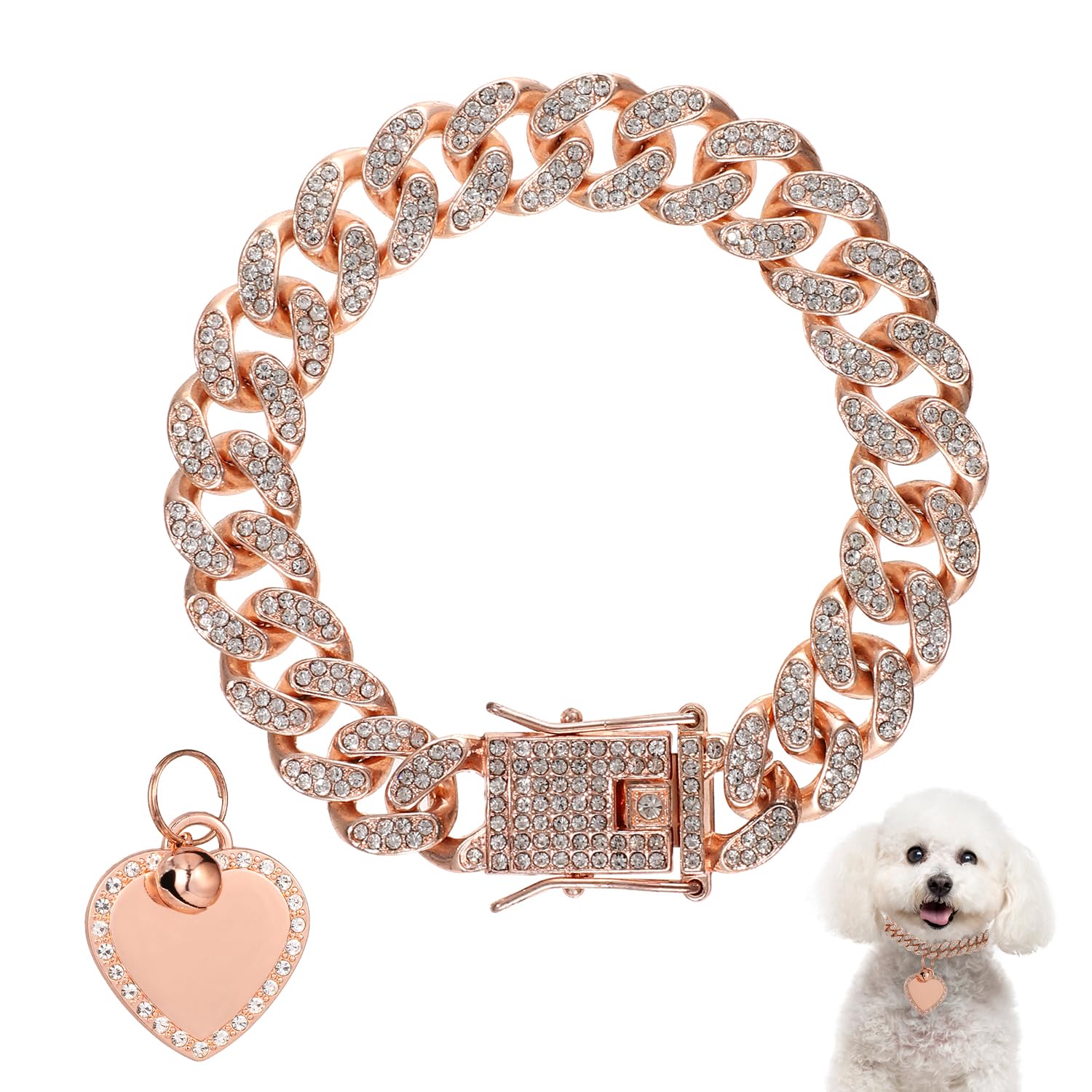 20cm Dog Chain Collar, Rose Gold Diamond Collar Necklace with Heart Shape Dog Tag Rhinestones Heart Bling Dog Collar Pet ID Tag Chain for Small Medium Large Dogs Cats