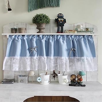 Amazon Unusual 青い カフェカーテン 2色 チャック柄 レース 田園風 刺繍 蝶結び ブルー インテリア 喫茶店 装飾 戸棚 隠す 可愛い 引越し祝い 目隠し カフェ屋 店舗飾り おしゃれ 簡単 カフェカーテン オンライン通販