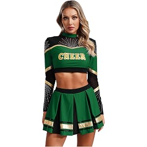 iEFiEL Women Cheer Leader Dance Outfit High School Cheerleading Uniform Long Sleeve Crop Top + Pleated Skirt Set