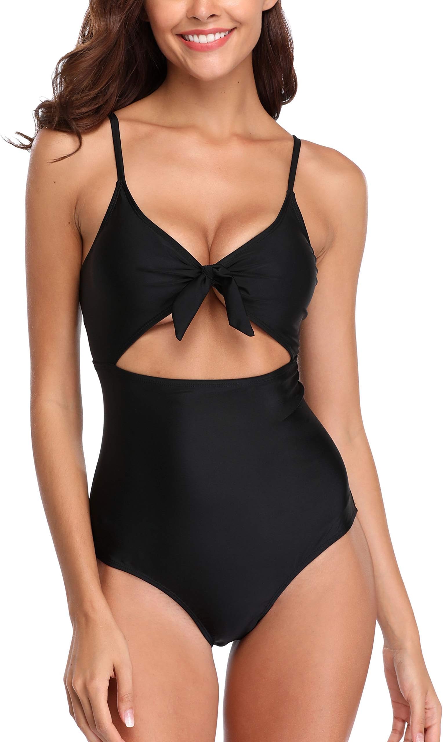 Cutout Sexy One Piece Swimsuits Black Womens Monokini Bathing Suit High Waist Tie Knot Front Swimwear