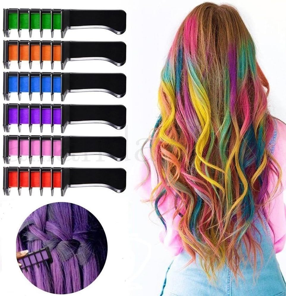 Hair Chalk Comb-Temporary Bright Hair Chalk Set Non-Toxic Metallic Glitter- Built in Sealant, 6 Colors