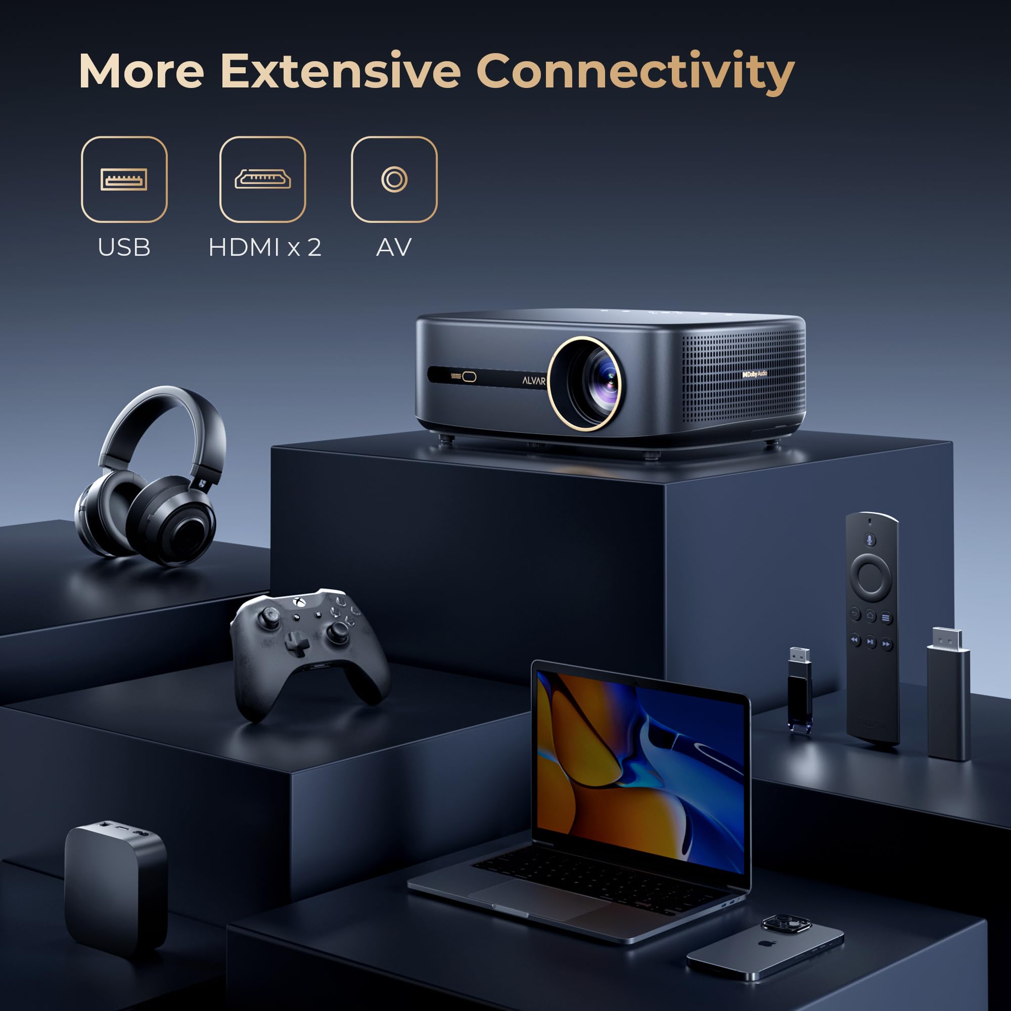 [1000 ANSI & Audio by DBX-TV] Alvar Projector with WiFi 6 and Bluetooth, 30W Speakers, NetfIix Certified & DoIby Audio Outdoor Proyector, Auto Focus Native 1080P Smart Projector, Black