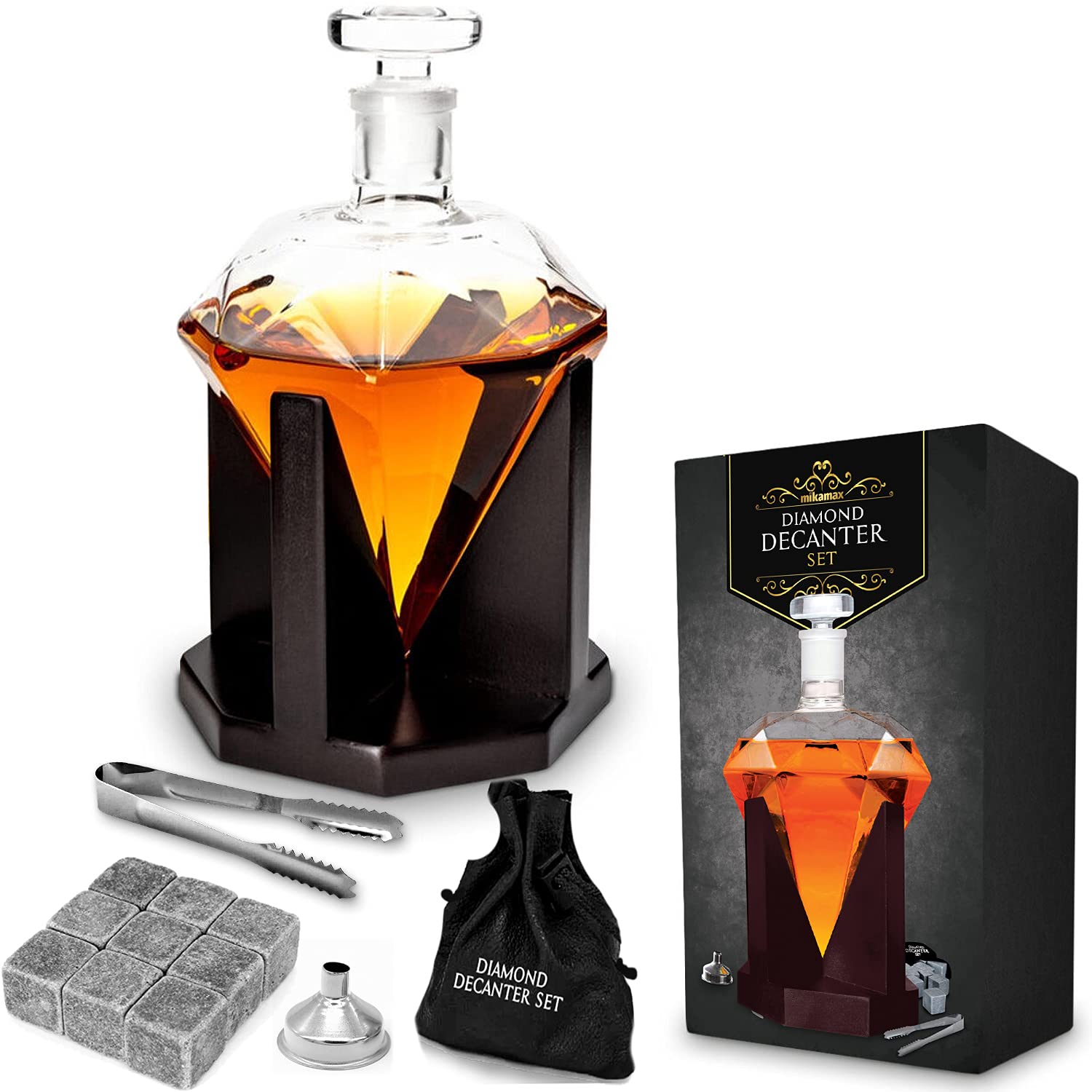 mikamax Diamond Decanter, 850 ML, Transparent with Wood Frame, Great Gift Idea for Whisky Lovers