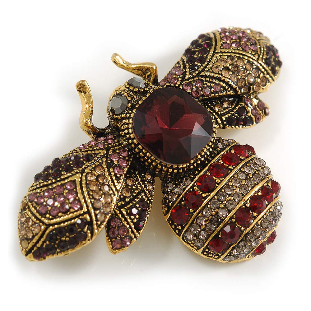 Vintage Inspired Large Statement Crystal Bee Brooch In Aged Gold Tone - 60mm Across