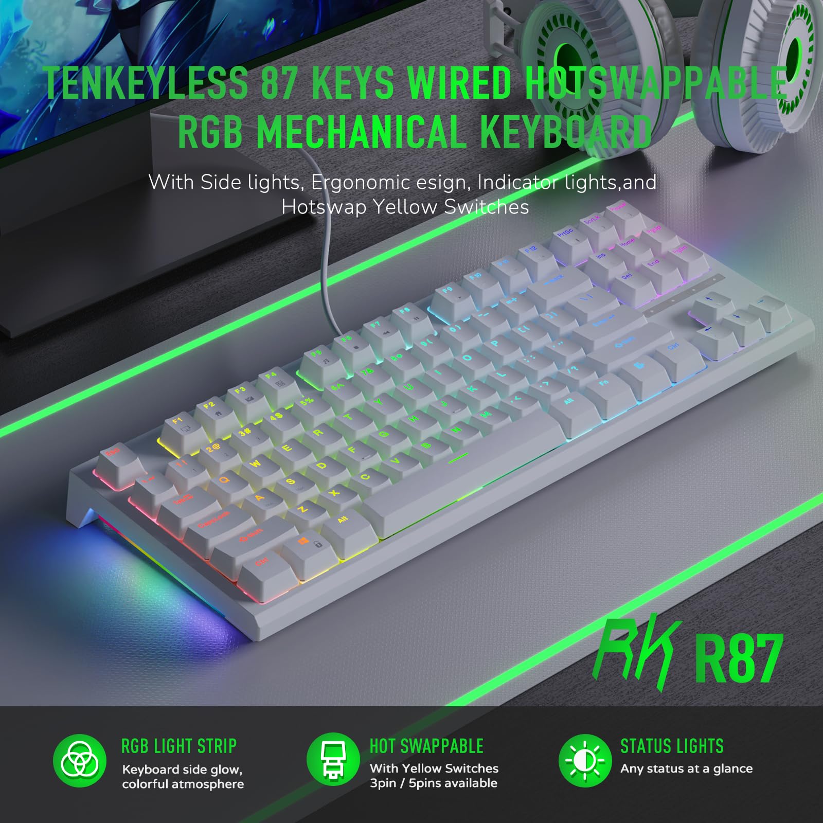 RK ROYAL KLUDGE R87 Mechanical Keyboard, 75% Layout Hot Swappable Wired Gaming Keyboard Software Macro Compact RGB Backlit PC Game Keyboards 87 Keys for Win Mac, Yellow Switch-White