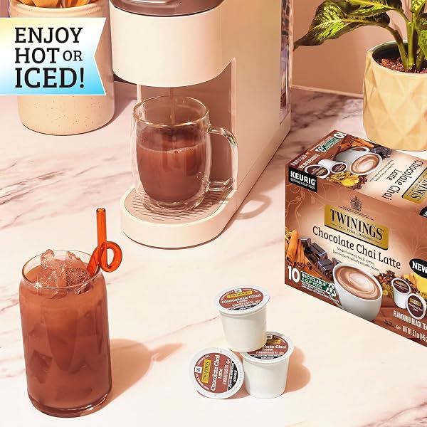 TWININGS CHOCOLATE CHAI LATTE TEA K-CUP PODS FOR KEURIG, VELVETY SMOOTH COCOA WITH REAL SPICED TEA, CAFFEINATED, ENJOY HOT OR ICED – 10 COUNT