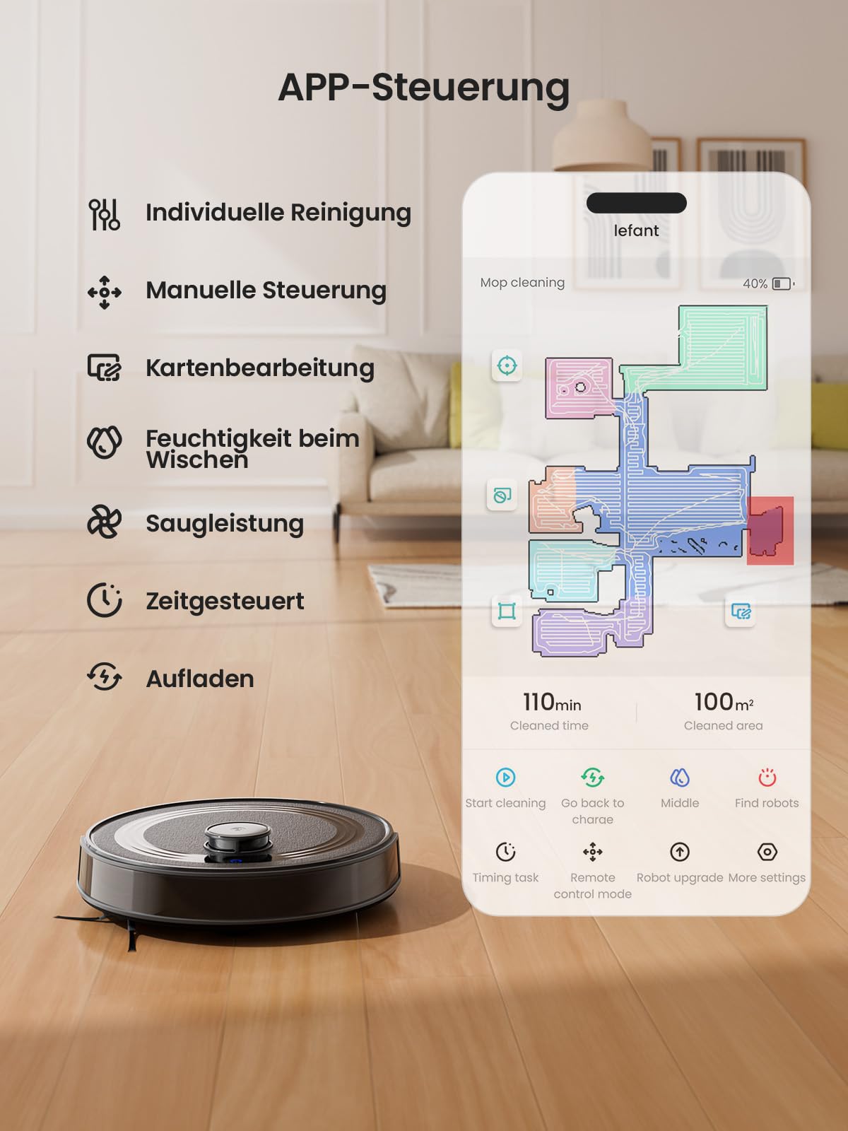 LEFANT M2S Saugroboter mit Wischfunktion, Automatische Teppicherkennung, Roboterstaubsauger mit No-Go-Zonen, 10000 Pa Starke Saugkraft für Tierhaare Teppiche, 240 Min Laufzeit, Schwarz 6