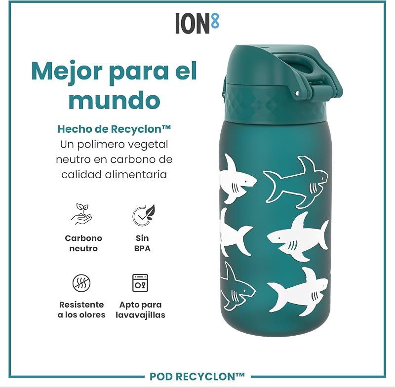 Botella de Agua para Niños, 350ml, a Prueba de Fugas, Fácil de Abrir, Cerradura Segura, Apta para Lavavajillas, Sin BPA, Asa de Transporte, Fácil de Limpiar, Tiburón