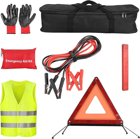 Femor Kit Urgence Voiture Trousse De Premier Secours Assistance Routière Avec Gants En Caoutchouc Gilet Jaune Triangle De Signalisation Câble De