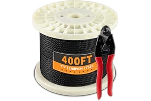 UYENSEOY 400FT 1/8" Black Stainless Steel Cable 7x7 Strands Aircraft Cable T316 Wire Rope with Cable Cutter 1800lbs Breaking Strength, Black Wire Cable for Deck Railing, Stair, Fence, DIY Balustrades