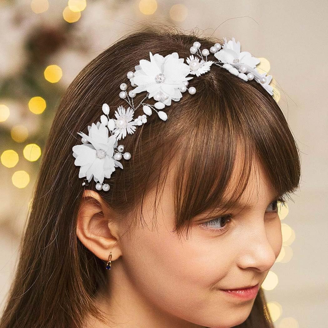 IYOU Commnunion Headpiece for Girls White Flower Wedding Headband Pearl Princess Bridal Hair Accessories