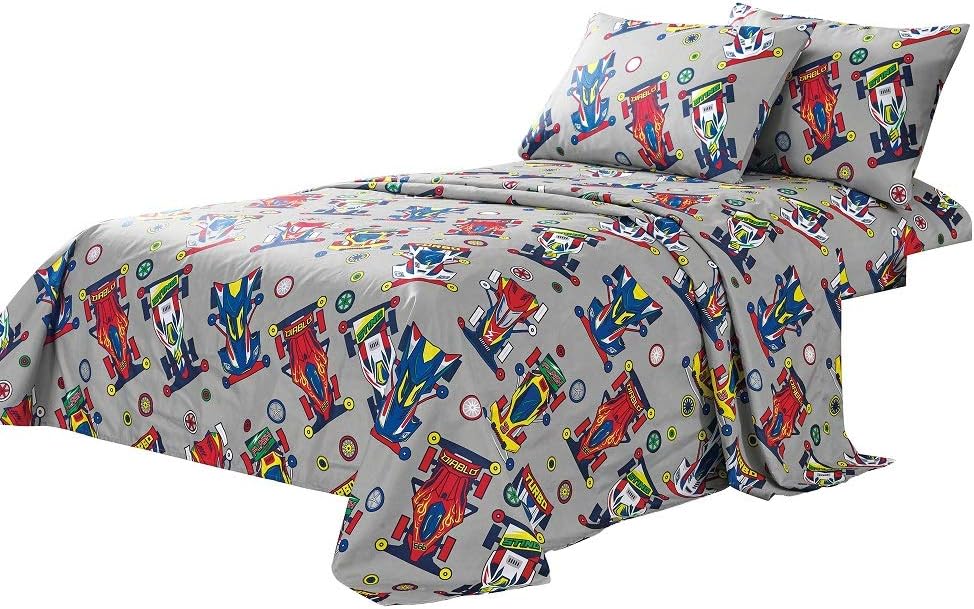 WPM Kids Collection Bedding 4 Piece Sport car Full Size Sheet Set with Grey Flat Fitted Sheets Pillow sham red Race Car Fun Sports Design (Race Me Cars, Full Sheet Set)
