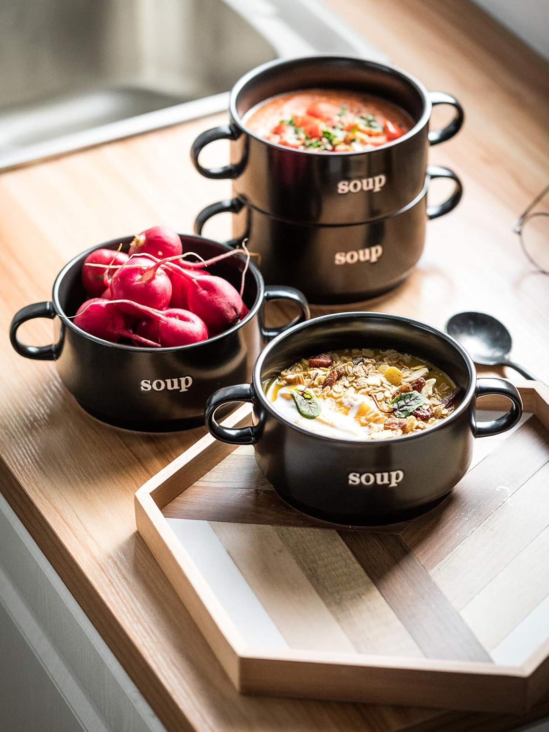  | Soup Bowl Set with Handles 27 Oz，Oven Safe Soup Bowls with Serving Stand for Soup, Cereal, Desserts, Chill Set of 4 Stackable Soup Crock，Black: Soup Bowls