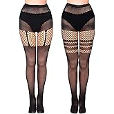 Wanmu 2 Pairs Faux Thigh High Tights, Sexy Black Mesh Fishnet Stockings, Goth Suspender Opaque Tights for Women Valentine Costume Christmas Halloween Party