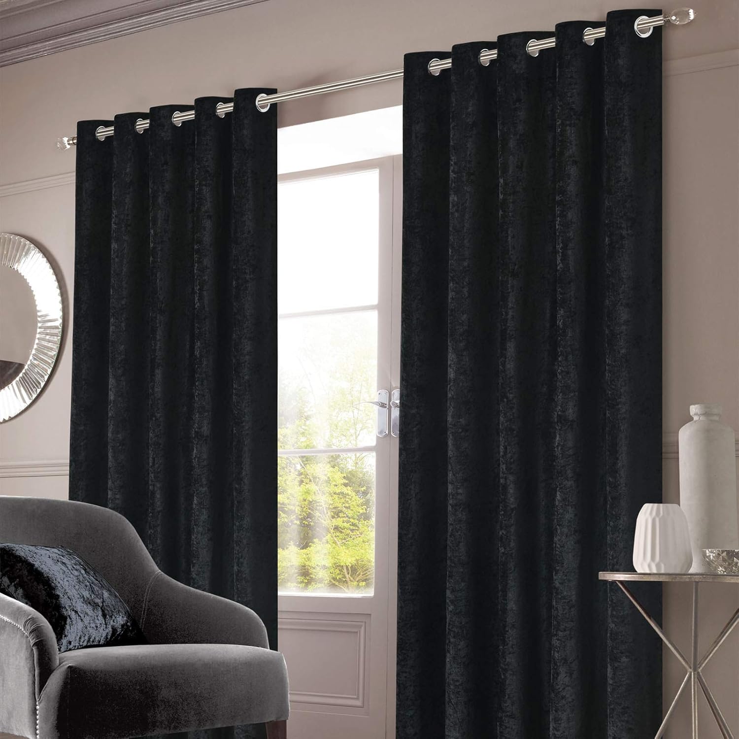 Sienna Crushed Velvet Eyelet Curtains Black 46 X 72 46 Wide X