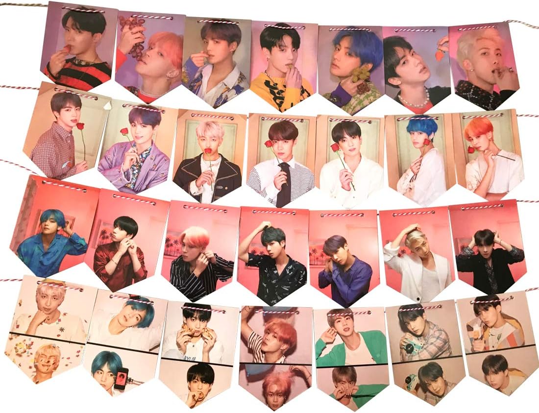 28Pcs Map of The Soul Persona Banner Hanging Flags with 8 Meter String for Birthday Party Home Decoration