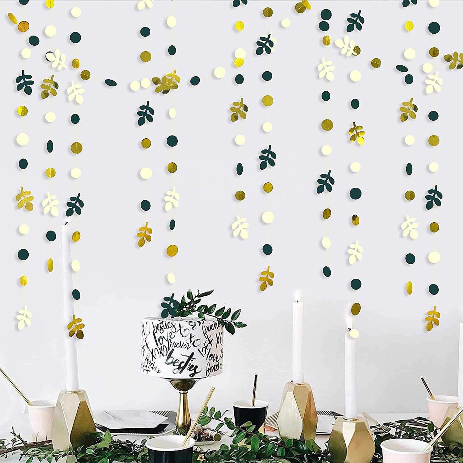 52Ft Green Gold Garland Party Decorations Spring Leaf Polka Dot Hanging Paper Olive Leaves Circle Dot Streamer Bunting for Birthday Wedding Baby Shower Bridal Engagement Bachelorette Tea Party Decor