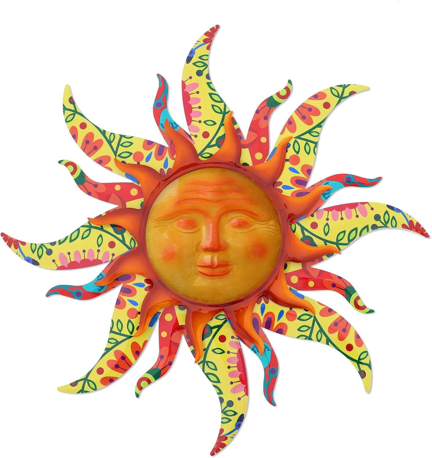 Plaques & Wall Art - VinSees 19 Inch Metal Sun Wall Art Decor, Double-layer 3D Metal & Glass Sun Wall Decor for Outdoor Indoor Patio Balcony Fence, Mexican Wall Art Large Size Talavera Style
