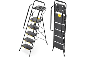 KINGRACK 5 Step Ladder with Tool Platform, Folding Step Stool with Handrails, Sturdy Steel Ladder with Wide Pedal, 330 LBS Po