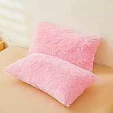 ERLOXO Fluffy Pink Pillow Cover, Ultra Soft Fuzzy Plush Pink Pillow Cases with Furry Texture and Shaggy Touch, Faux Fur Cushion Shams 20"x26" Zippered, Set of 2