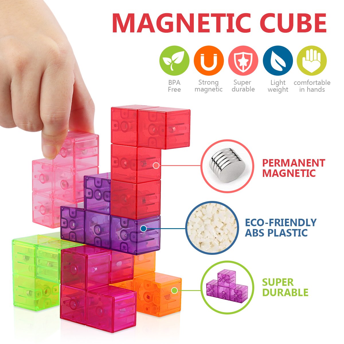 D-FantiX Magnetic Building Blocks, Magnet Cube Puzzle Toys Crystal 3D Tetris Puzzle Brainteaser Stress Relief Toy Square Magnets Building Blocks for Kids with 54pcs Puzzle Cards