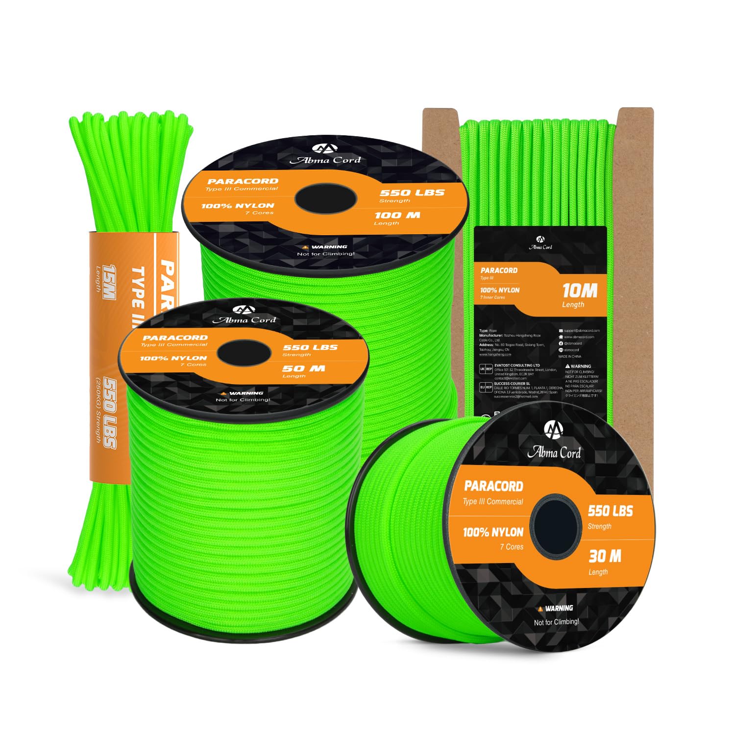 Abma Cord Paracord 550 4mm 15m 100% Nylon Rope Type III 7 Strands Parachute Cord for DIY, Camping, Survival, Outdoor - Max. 250kg - Neon Green โ image 1