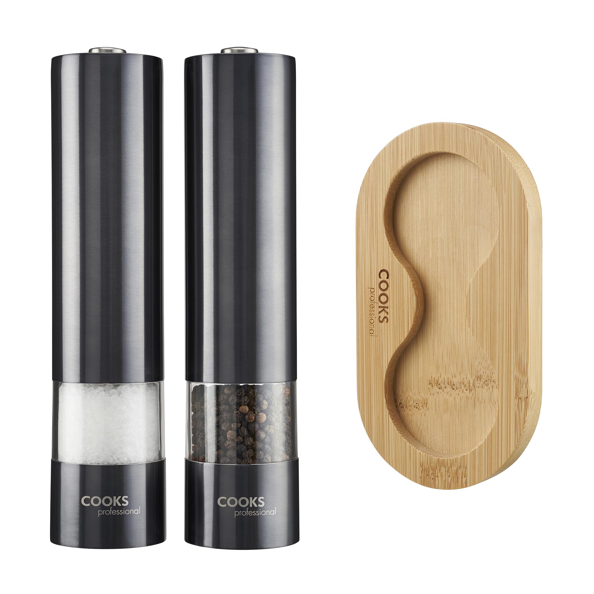 Cooks Professional Electric Salt and Pepper Mill Set with Bamboo Base | Battery Operated Automatic Grinders with Adjustable Grinding & One Touch Operation | Condiment Grinder & Stand | Graphite
