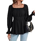 Rooscier Women's Flounce Long Sleeve Square Neck Shirred Frill Ruched Peplum Babydoll Blouse Top