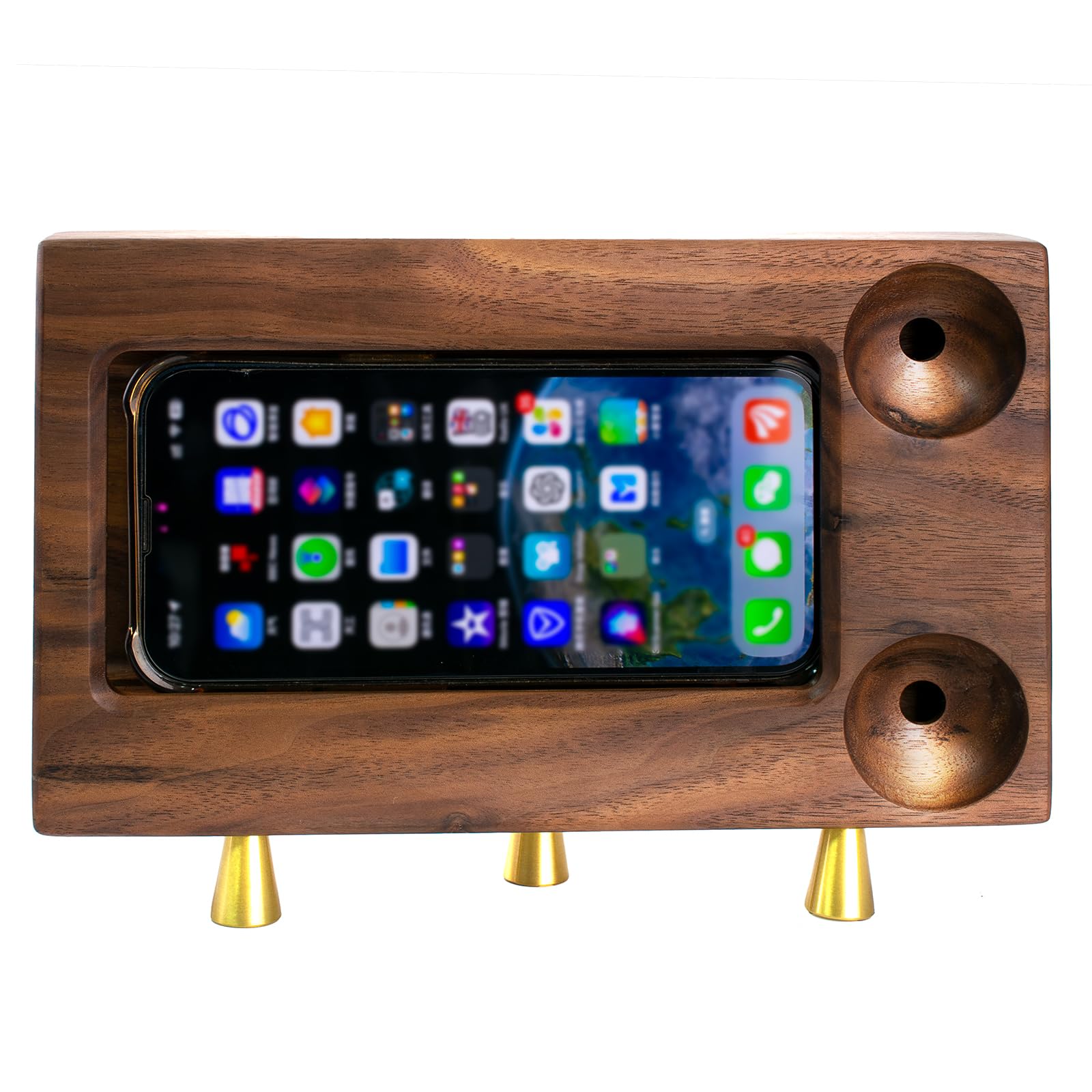 IRIVER BLANK Premium Black Walnut Wooden Universal Office Desktop Phone Support Stand Holder with Sound Amplifier - Artistic Craftsmanship, Enhancing Sound Quality, and Convenient Charging Port