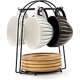 LUKA Ceramic Demitasse Espresso Cups Set with Saucers and Metal Stand, 8 oz Porcelain Cappuccino Cups Teacup For Tea, Espresso, Latte, Coffee, Cafe Mocha, Set of 4, Stripe White & Black