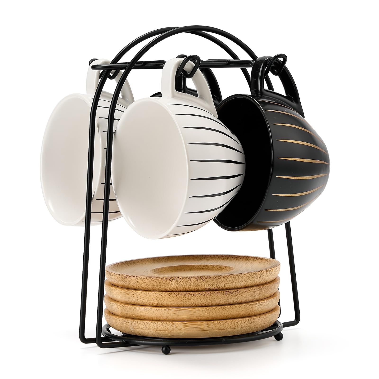 Photo 1 of ***MISSING PARTS***
LUKA Ceramic Demitasse Espresso Cups Set with Saucers and Metal Stand, 8 oz Porcelain Cappuccino Cups Teacup For Tea, Espresso, Latte, Coffee, Cafe Mocha, Set of 4, Stripe White & Black