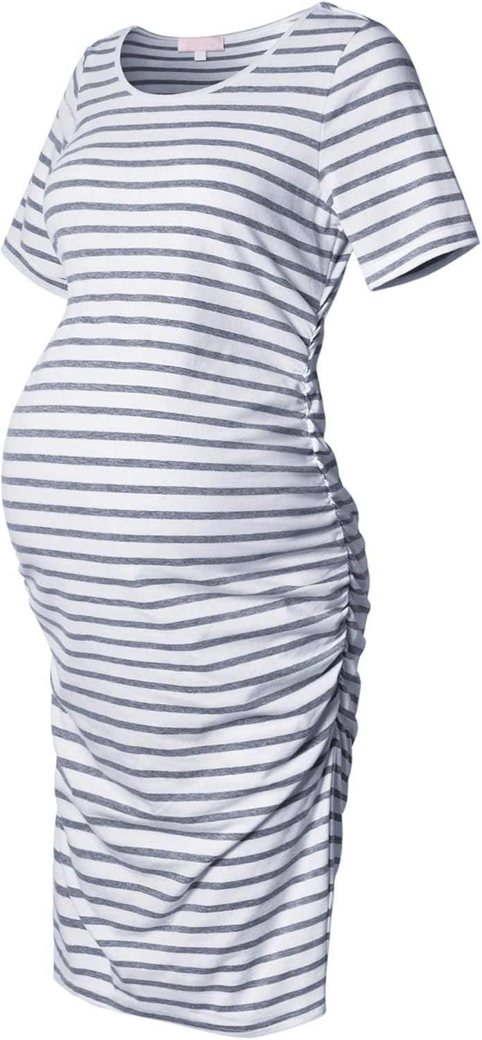 Maternity Bodycon Dress Short Sleeve Ruched Sides Knee Length Shirred Dress at  Women’s Clothing store