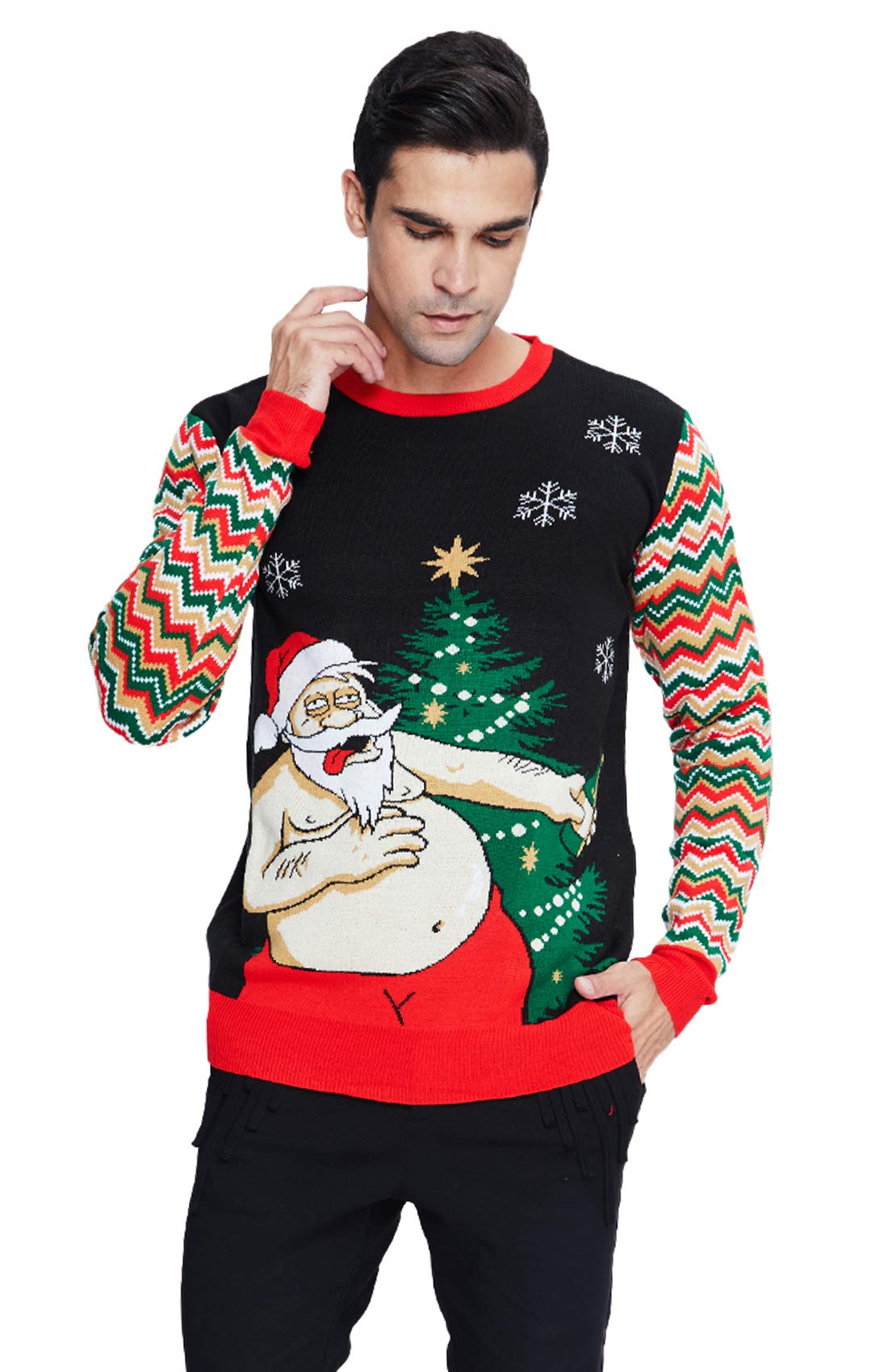 Lightweight Ugly Christmas Sweater for Men Plain Black Alcoholic Saucy Santa Snowflakes Trees Classy Chunky Santa Sweaters Long Sleeve O-Neck Thick Pullover Xmas Knitted Tunic Top for Bro Dad Grandpa