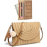 YIKOEE Straw Bag and Card Holder Set for Women Summer Beach Purse Woven Bag With PomPom
