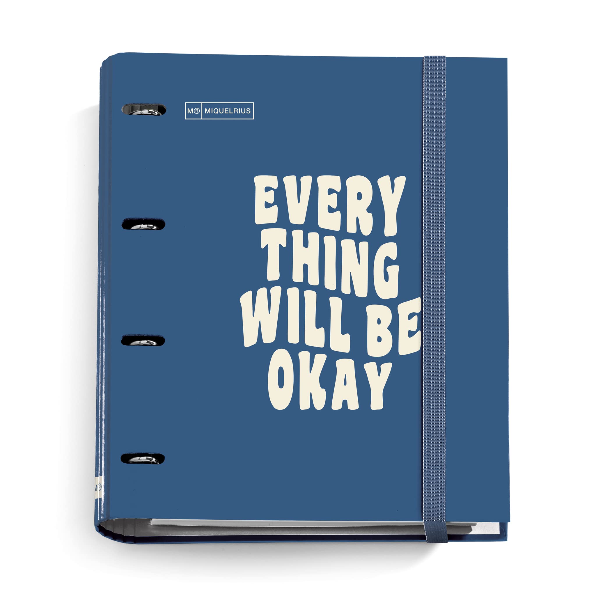 Miquelrius - 4 Ring Message Folder + Replacement for 100 Sheets A4 Grid, Dividers and Envelope, Rubber Closure Navy Blue