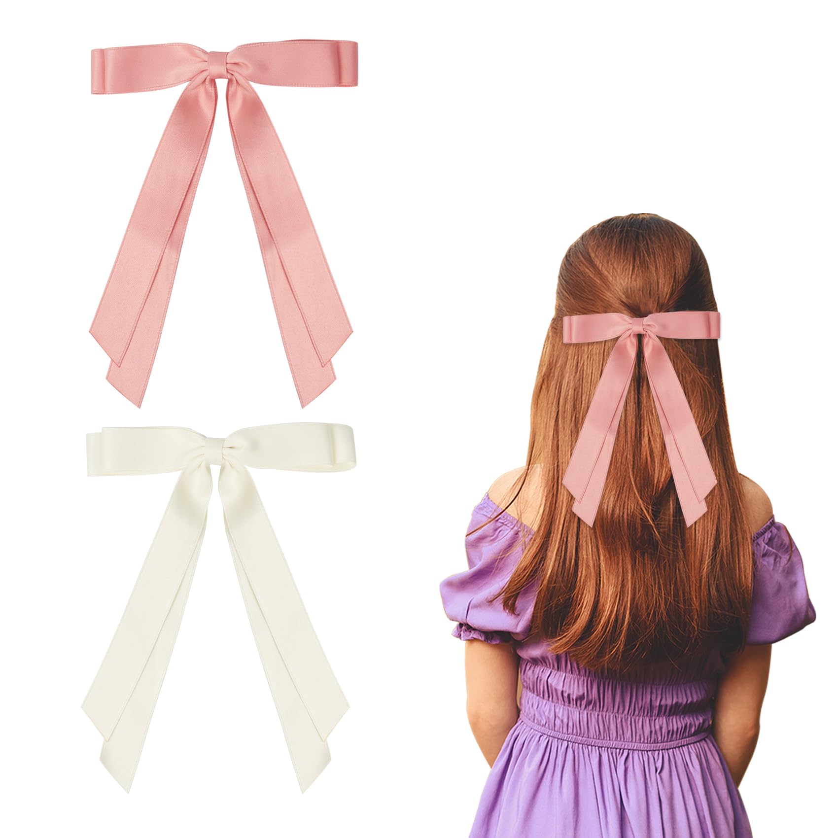 2 Pack Hair Bows for Women, Beige Bow Hair Clips French Barrette with Long Silky Satin Hair Ribbons for Women Girls(Beige, Pink)