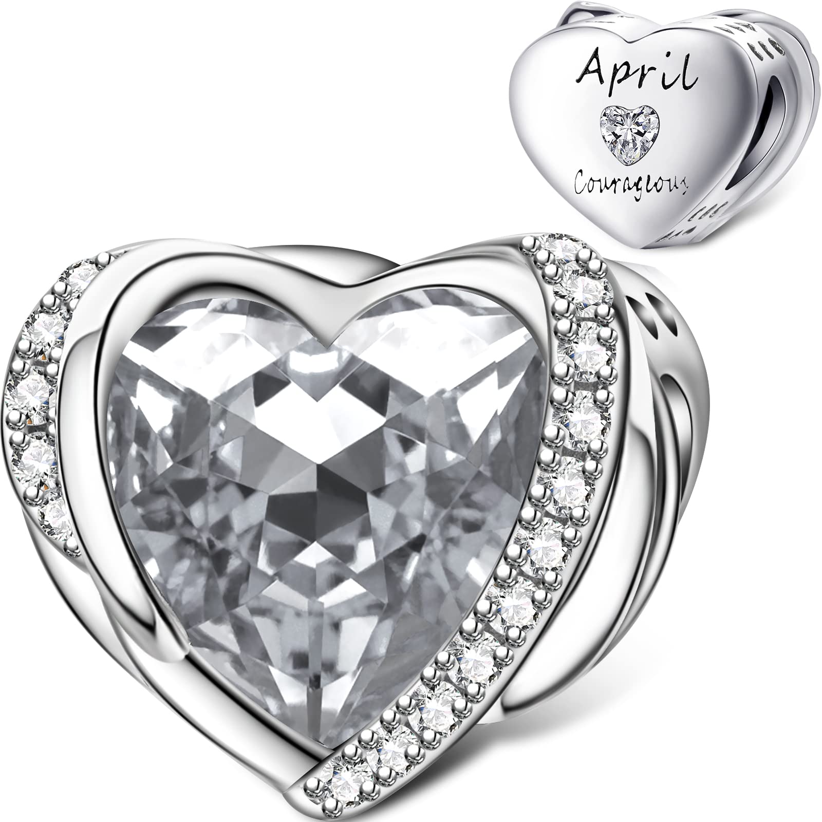 April Birthstone Charms for Pandora Charms Bracelet, Angel Wings 925 Sterling Silver Love Heart Bead Pendant Engraved Courageous,Birthday Mother's day Jewelry Gifts for Women Girls